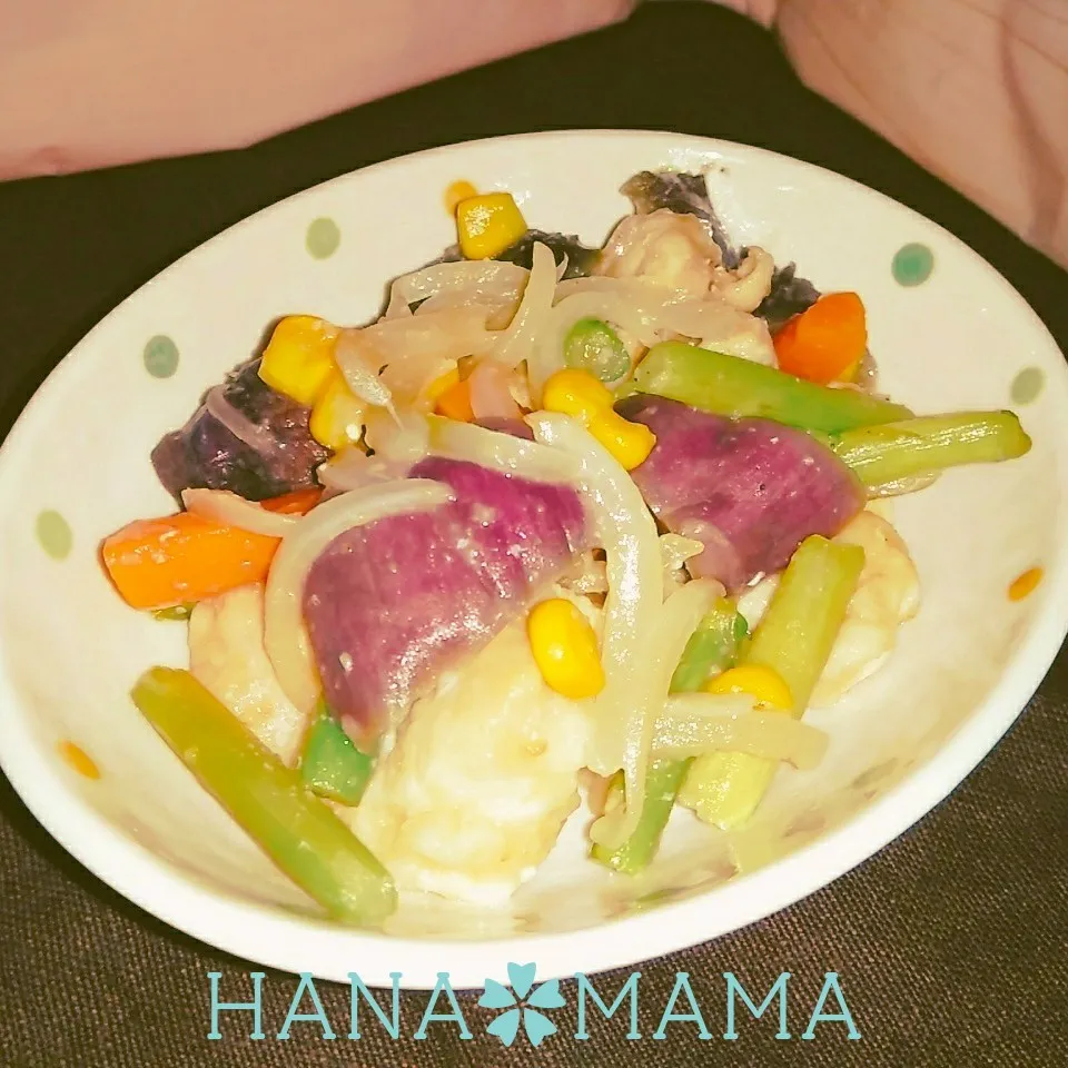 鶏むね肉と残り野菜で♡ゴマ味噌バター焼き|花ママさん