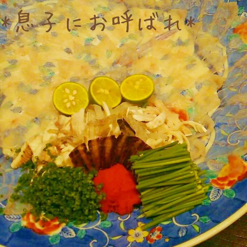 Snapdishの料理写真:息子にお呼ばれ♪ふぐのフルコース♪先ずはふぐ刺し|Kaorinboさん