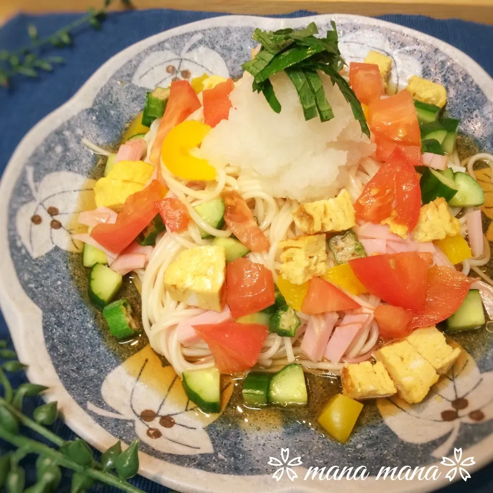 Snapdishの料理写真:かおちゃんごはん♡凍りトマポンダレ夏野菜おろし素麺♡|まなまな♡さん