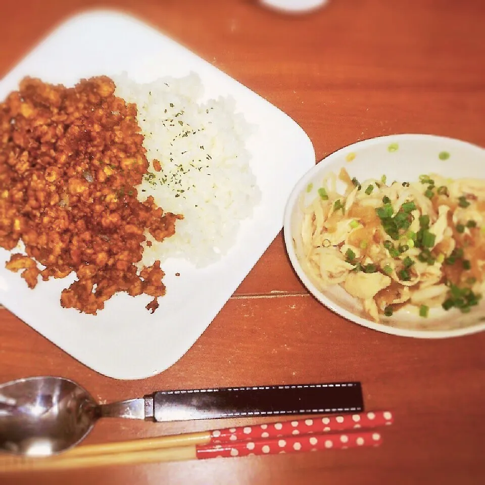 Snapdishの料理写真:豆腐のドライカレー&大根とささみの中華風サラダ♪|蒼空さん