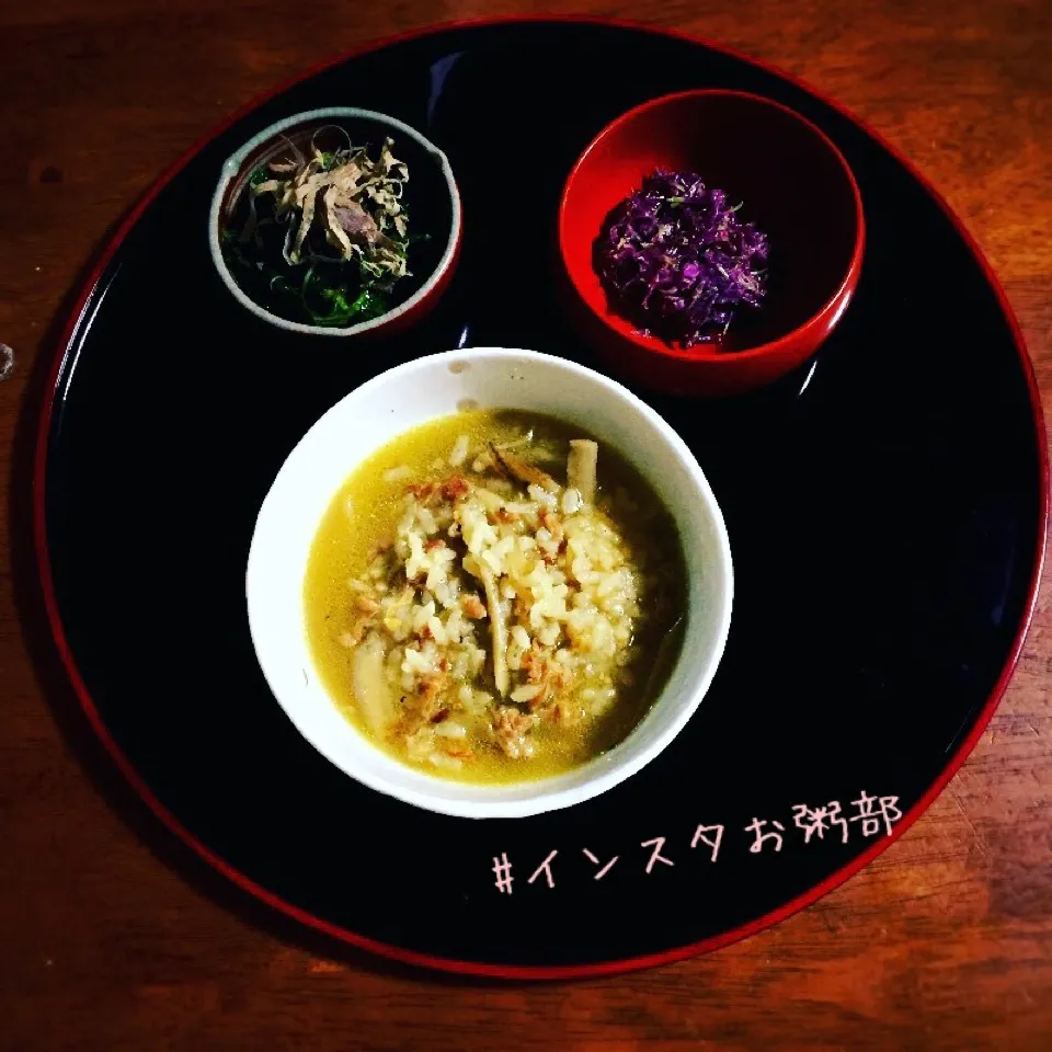 Snapdishの料理写真:からびーちゃんの豚ごぼうのスパイシー中華風カレー炒めでお粥|pippiさん