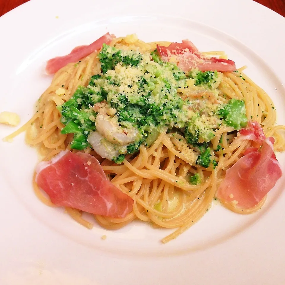 生ハムと海老の野菜クリームパスタ(外食)|あやさん