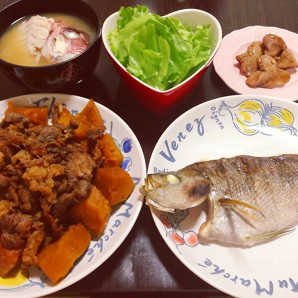 カボチャの煮物♡イサキの塩焼き♡鯛のみそ汁♡レバー甘露煮|あやさん