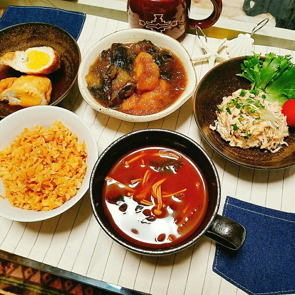 Snapdishの料理写真:晩ご飯✨マネっ子☺︎︎なすと揚げ鶏のみぞれ煮🍚🍴|Laniさん