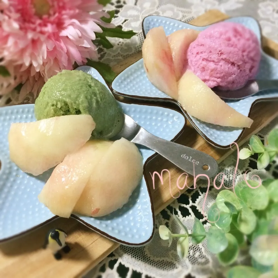 Snapdishの料理写真:ピン研コラボ💗ましゃんちゃんの甘酒抹茶アイス＆ピタヤアイス|noeさん