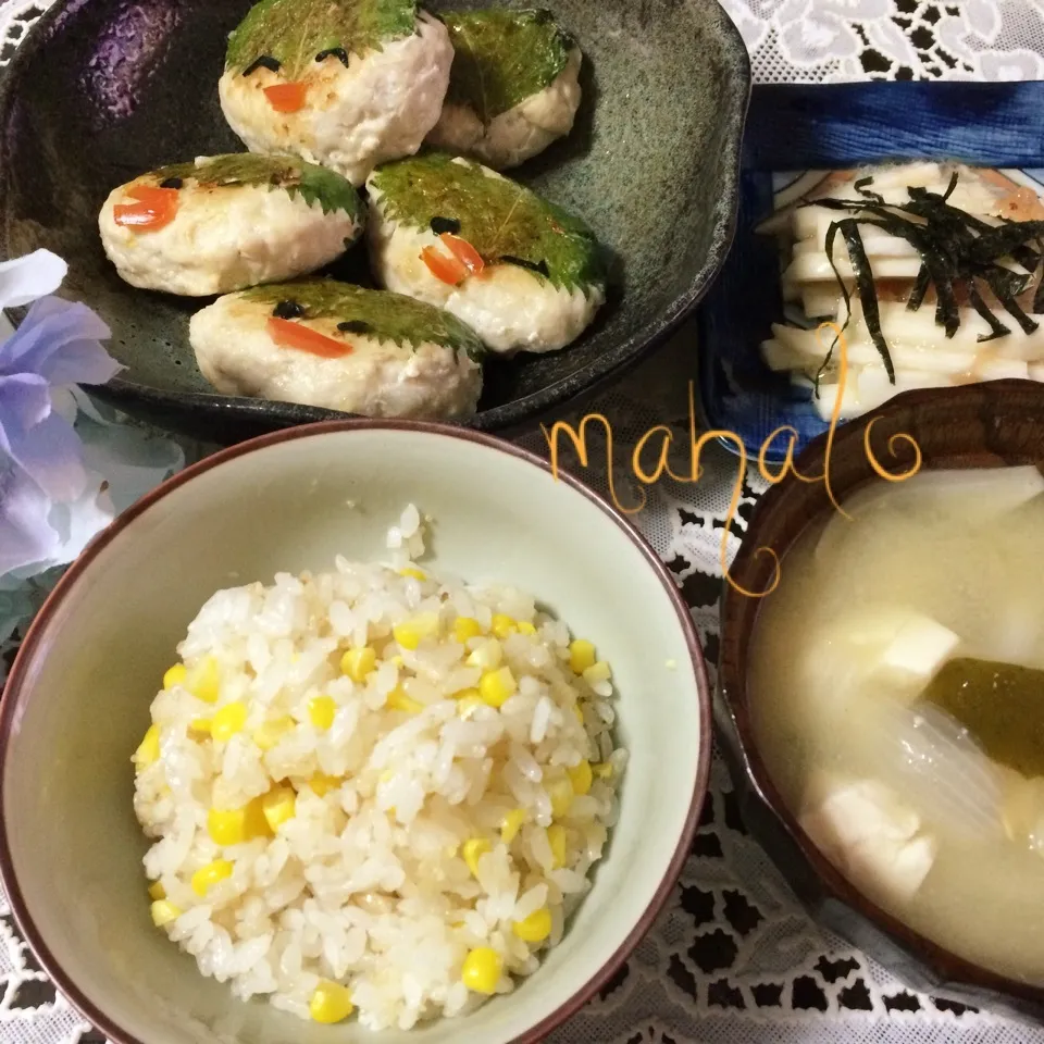 かずちゃんのトウモロコシ御飯で晩御飯💗|noeさん