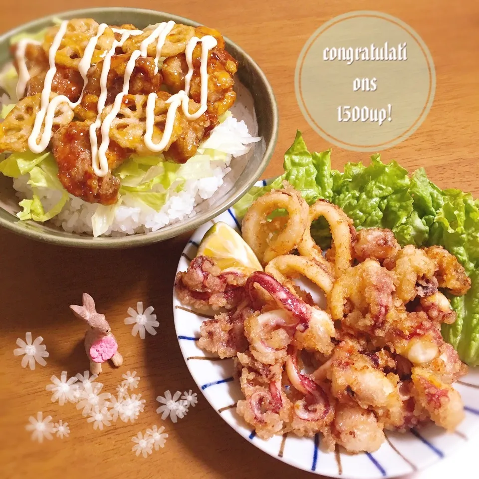 Snapdishの料理写真:レモン風味のタコ唐揚と甘辛からマヨ丼で♪かおちゃん祝1500|yukimiya7262さん