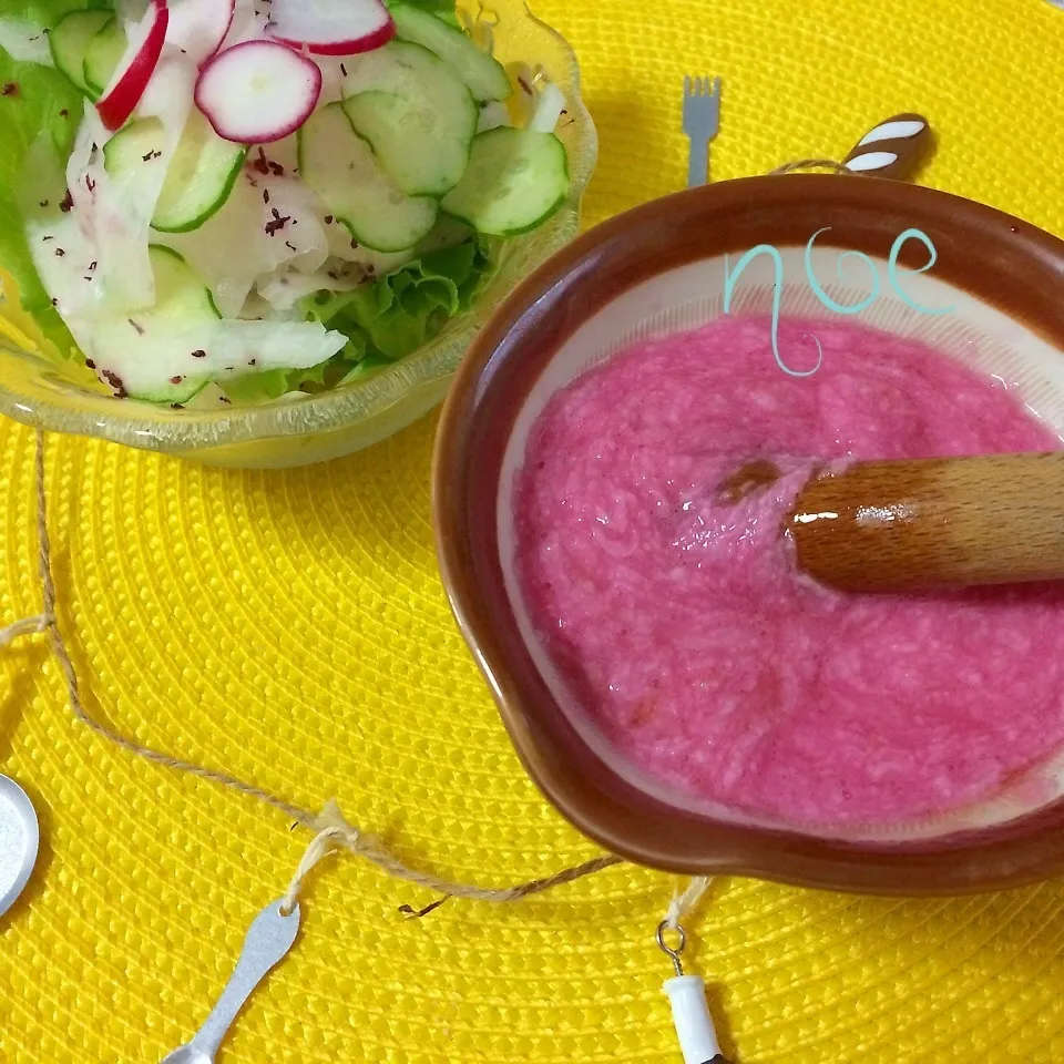 Snapdishの料理写真:【ピンク研究部】ピンクの長芋ドレッシング♡|noeさん