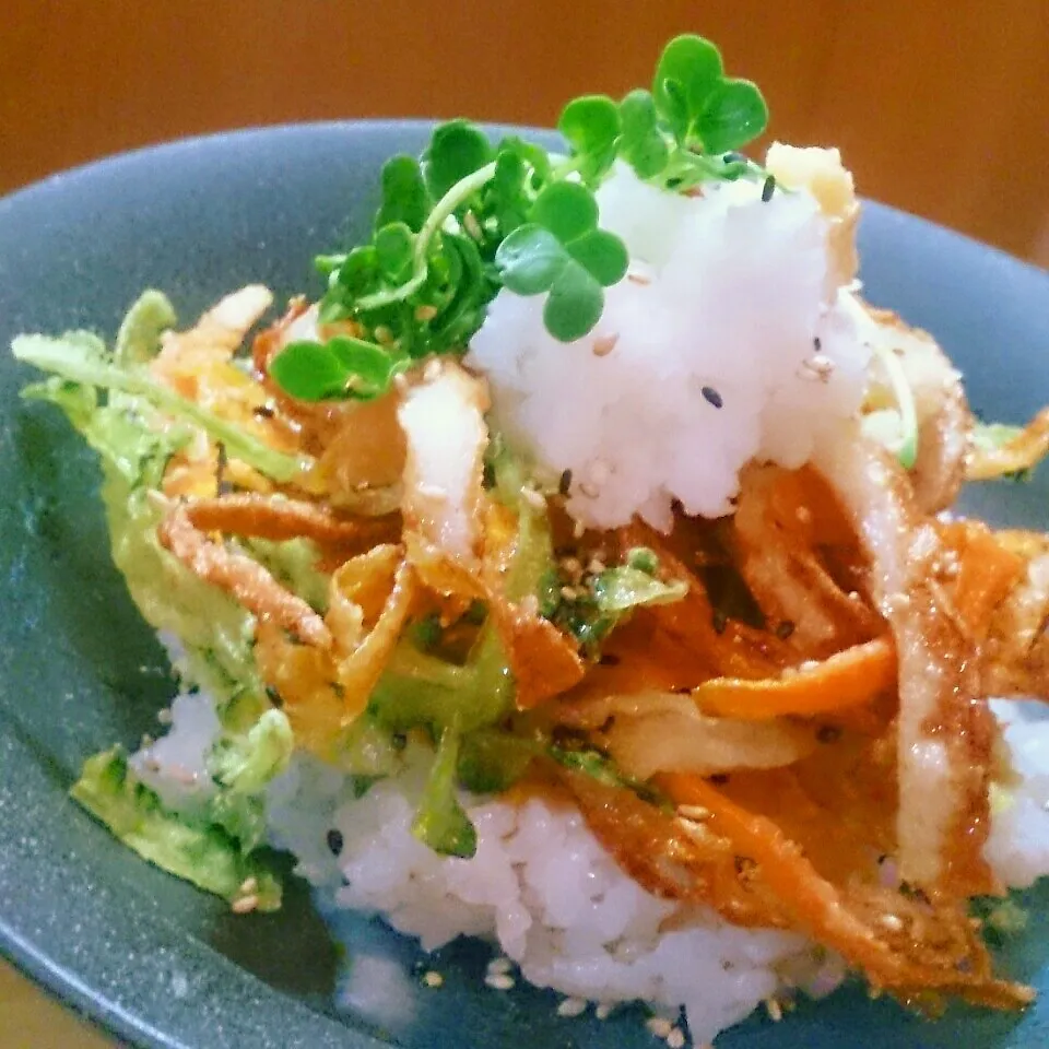 ぴらぴら野菜と竹輪のかき揚げ丼＊鬼おろしのっけ♪|mi_neneco♪さん