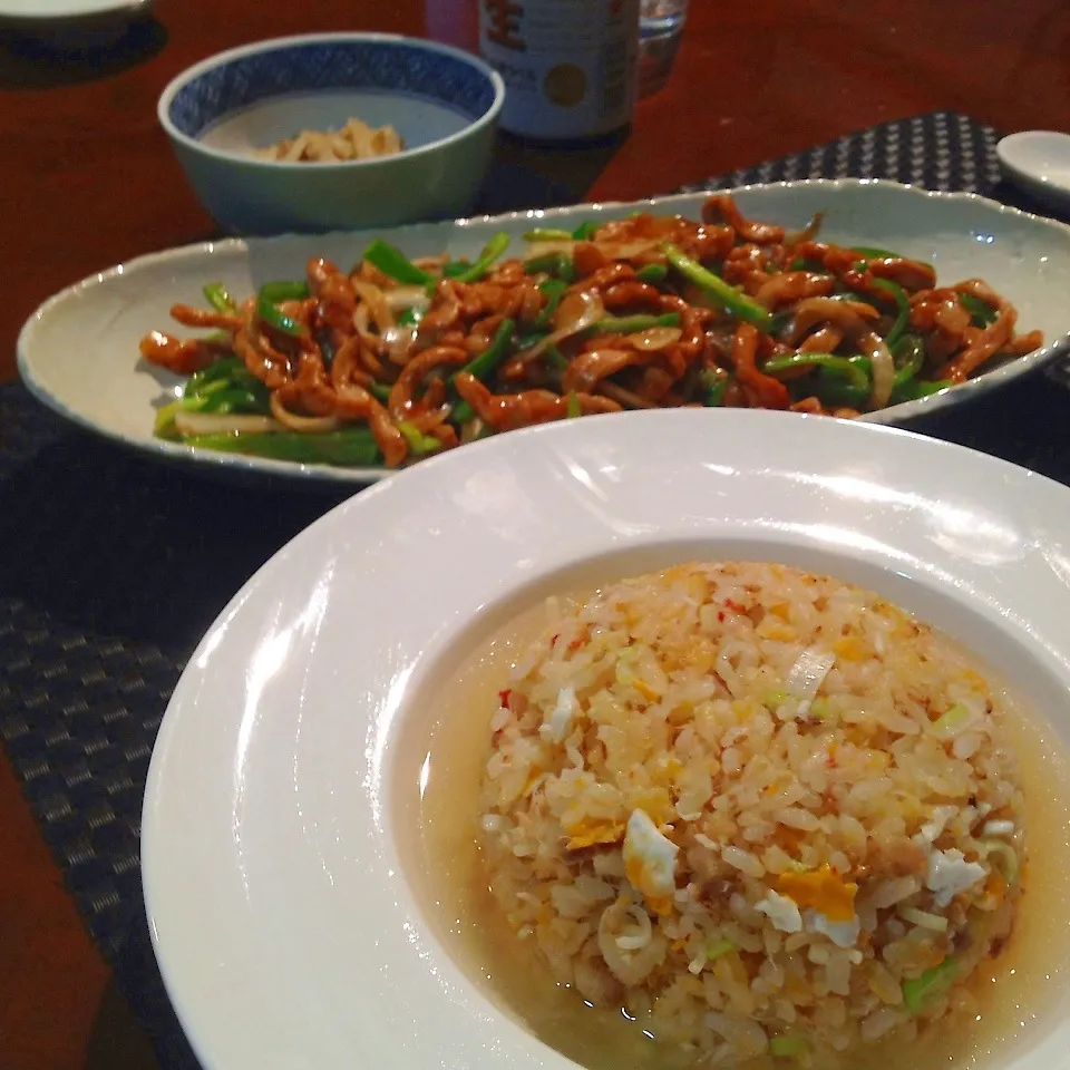 魚のアラスープかけ炒飯＆豚肉とピーマンの炒めもの|可爱多さん