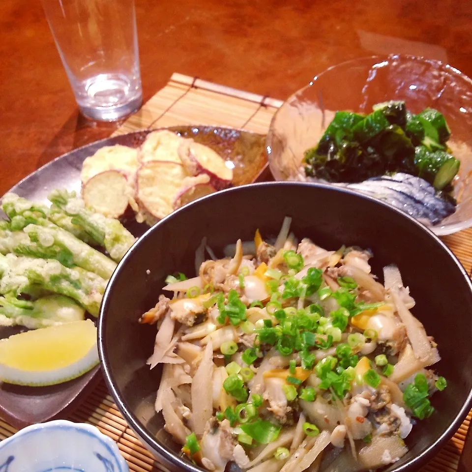 深川飯、たらの芽の天ぷら、酢の物|可爱多さん