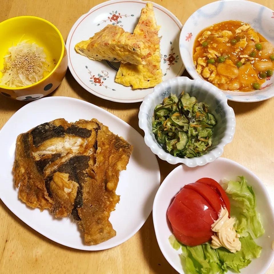 鰈唐揚げ&蟹玉&海老チリ🦐|Makokoさん