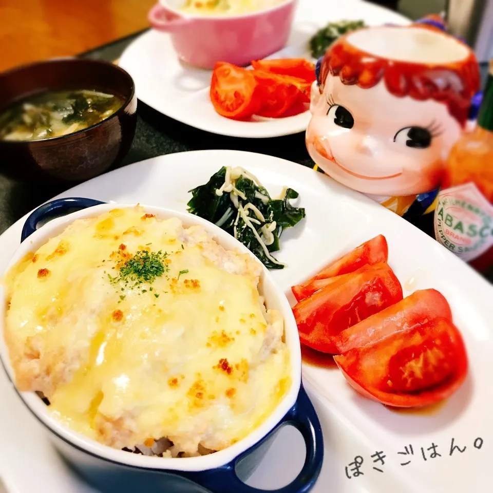 ふわとろピリ甘辛🧀ツナ明太カニカマ豆腐ドリア。|ぽき。さん