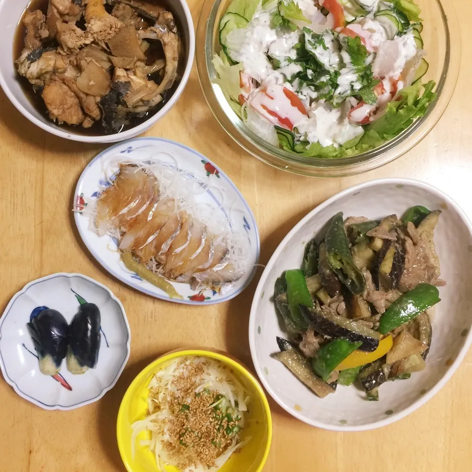 Snapdishの料理写真:茄子肉生姜炒め&コチあら煮&コチサラダ🥗|Makokoさん