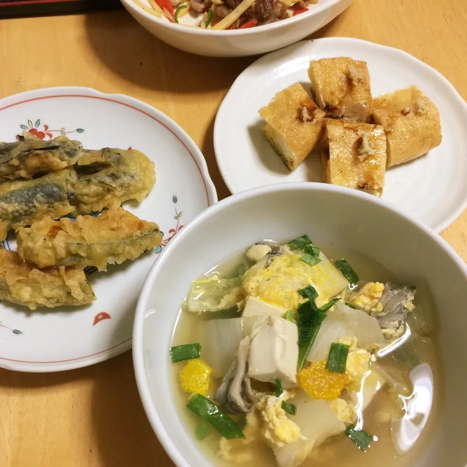 玉子スープ、茄子・南瓜天、栃尾揚げ。|Makokoさん