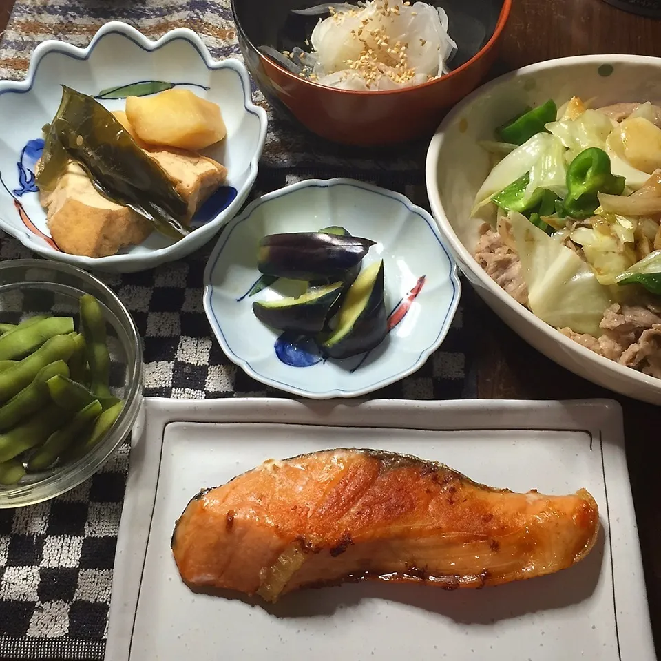 Snapdishの料理写真:焼鮭、ニンニク肉野菜炒め、水茄子、玉葱酢、厚揚げ煮。|Makokoさん