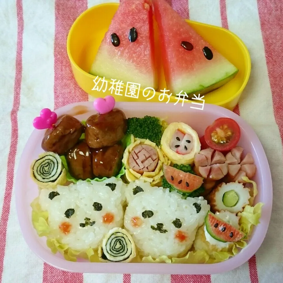 1学期最後⭐幼稚園の週1お弁当🍱(パンダ🐼とスイカ🍉)|＊akane＊さん