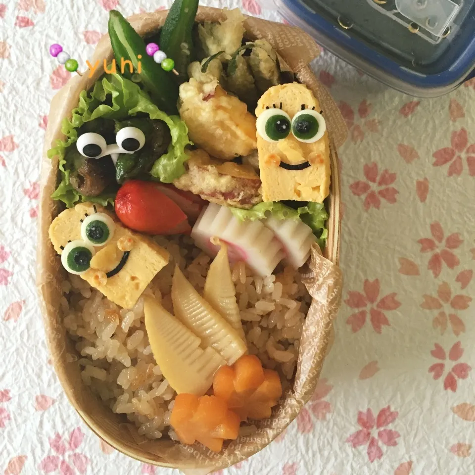 Snapdishの料理写真:🍡今日もいるょ😛スポンジボブ😁筍ご飯弁当〜🍡|🌸yuni🌸さん