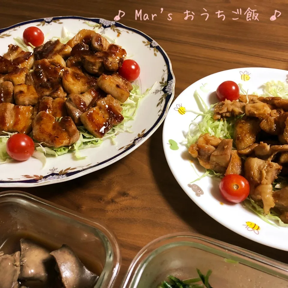 Snapdishの料理写真:豚バラ肉と鳥もも肉のオイスター照り焼き&レバーの甘辛煮♬|ma-chanさん