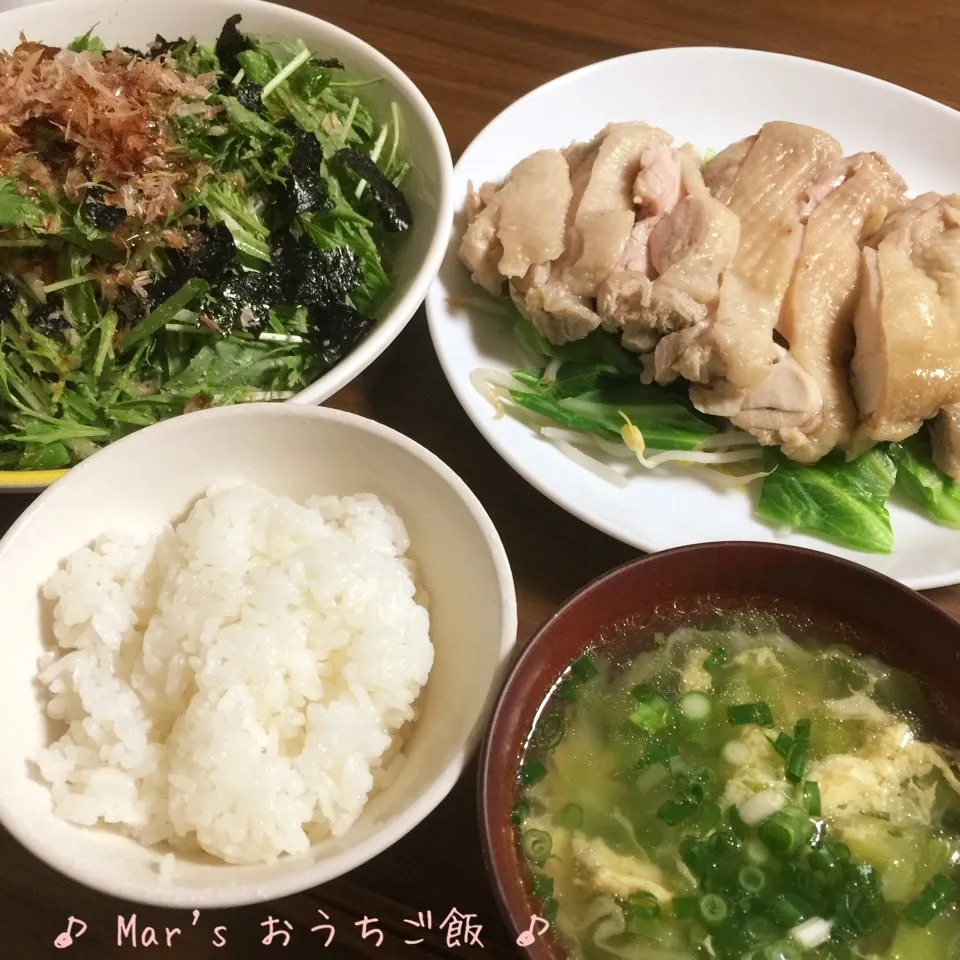 ゆで鶏 & 茹で汁で卵とキャベツのスープ & 水菜のサラダ|ma-chanさん