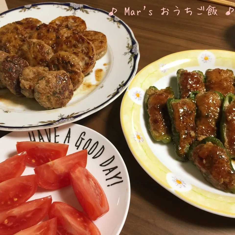 豚ひき肉の蓮根はさみ焼き&ピーマンの肉詰め♪|ma-chanさん