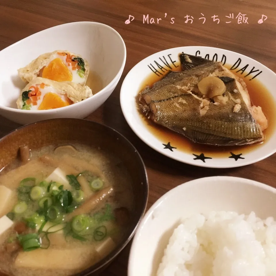 カレイの煮付け&たまごと野菜の巾着煮&なめこと豆腐のお味噌汁|ma-chanさん