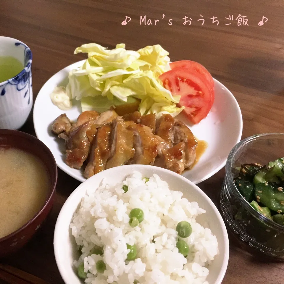 豆ごはん&照り焼きチキン&きゅうりの和え物♫|ma-chanさん