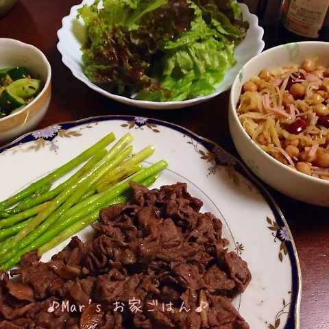 Snapdishの料理写真:牛肉＆アスパラ焼き♪切り干し大根と豆のサラダ♪胡瓜の和物♪|ma-chanさん