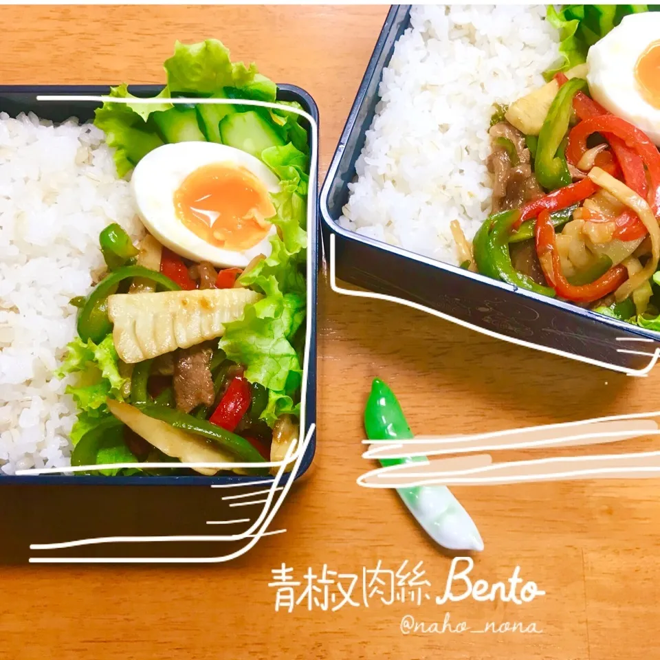 青椒肉絲 夫と私のふたり弁当|naho_nonaさん