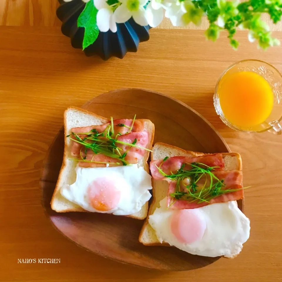 朝食オープンサンド♡豆苗+ベーコンエッグトースト♡豆苗まとめ|naho_nonaさん