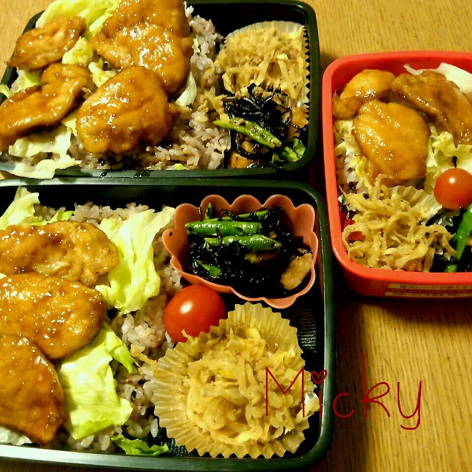 Snapdishの料理写真:晩御飯弁当☆胸肉の甘酢煮☆ヒジキいんげんピリ辛炒め|mickyさん