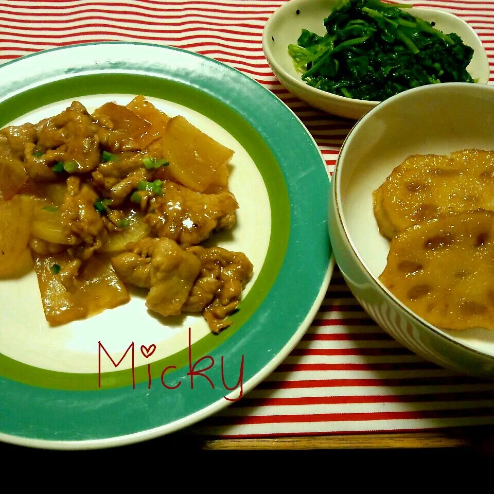 豚と大根のオイスター炒め&蓮根挟み焼き甘辛|mickyさん