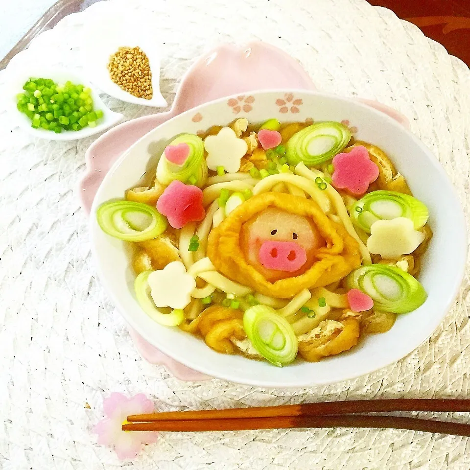 きつねでサルの着ぐるみ子ブタ餅♡力うどん|ぷうさんさん