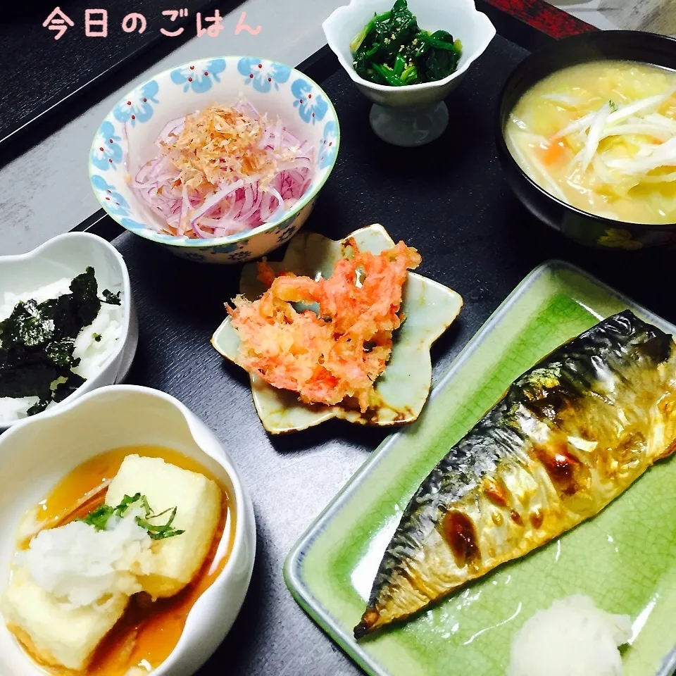 Snapdishの料理写真:揚げ出し豆腐、焼塩サバ|Tomokoさん