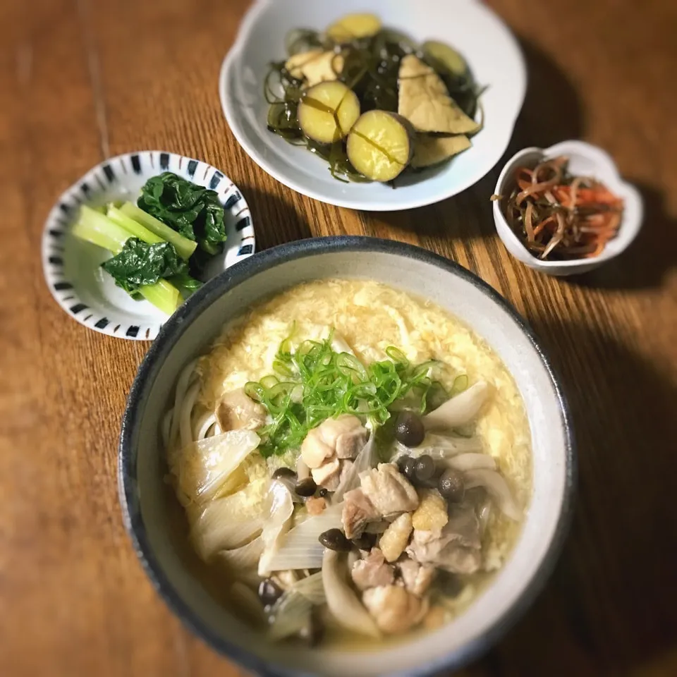 鶏と葱のかき玉うどん・さつまいもと切り昆布の煮物|かずぴょんさん