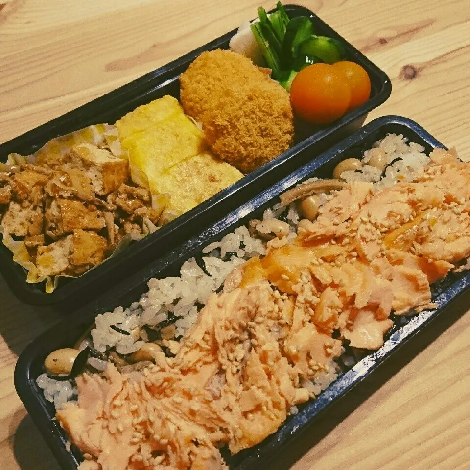 ひじきご飯に鮭フレークのせ＆麻婆厚揚げ弁当|あずきラテさん