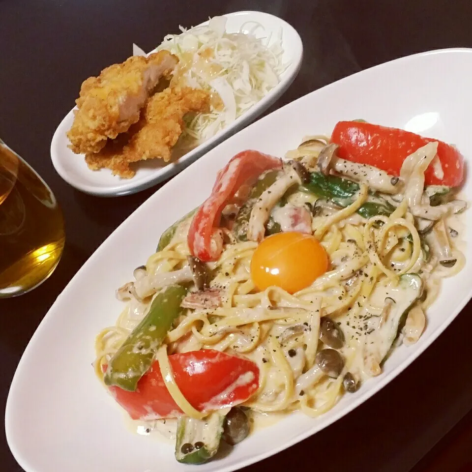 低糖質パスタで野菜たっぷりのカルボナーラ(デリカーボ)|Yukiさん