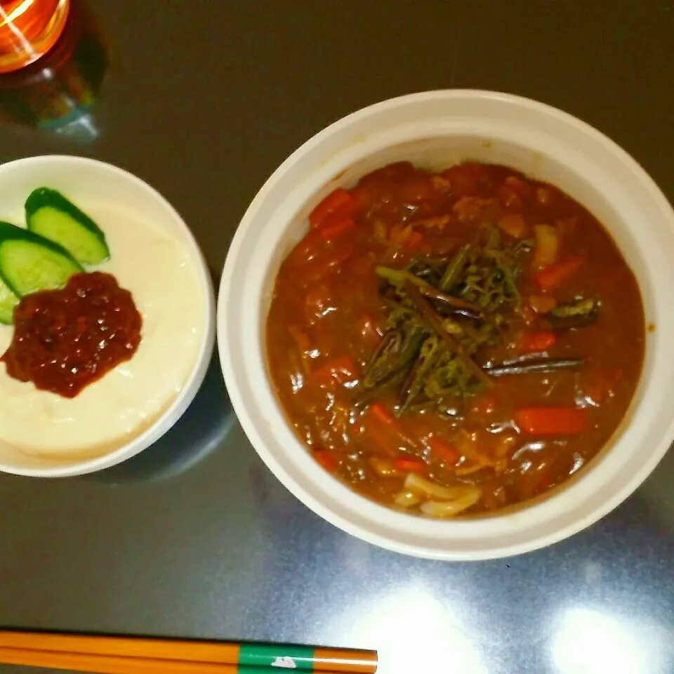 カレーうどん、肉味噌かけおぼろ豆腐|Yukiさん