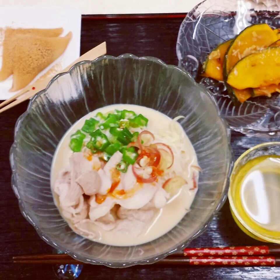 豆乳素麺、南瓜の焼き浸し、手作り八ツ橋|Yukiさん