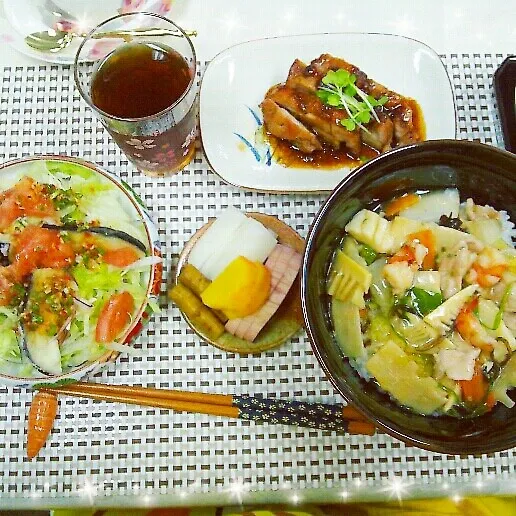 中華丼、鶏のもろみ焼き、揚げ茄子の中華サラダ|Yukiさん