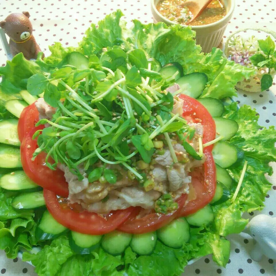 Snapdishの料理写真:香味濃厚ごまだれで冷しゃぶサラダ🎵|モゥモゥパラダイスさん