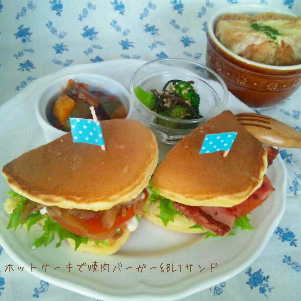 Snapdishの料理写真:ホットケーキde焼肉バーガー&BLTサンド♪|sayakaさん