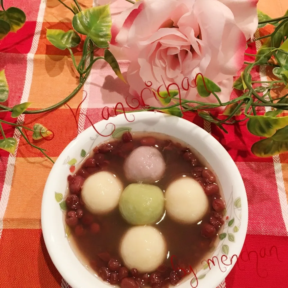 紫芋と抹茶の豆腐白玉ぜんざいでお祝い♡|めんちゃんさん