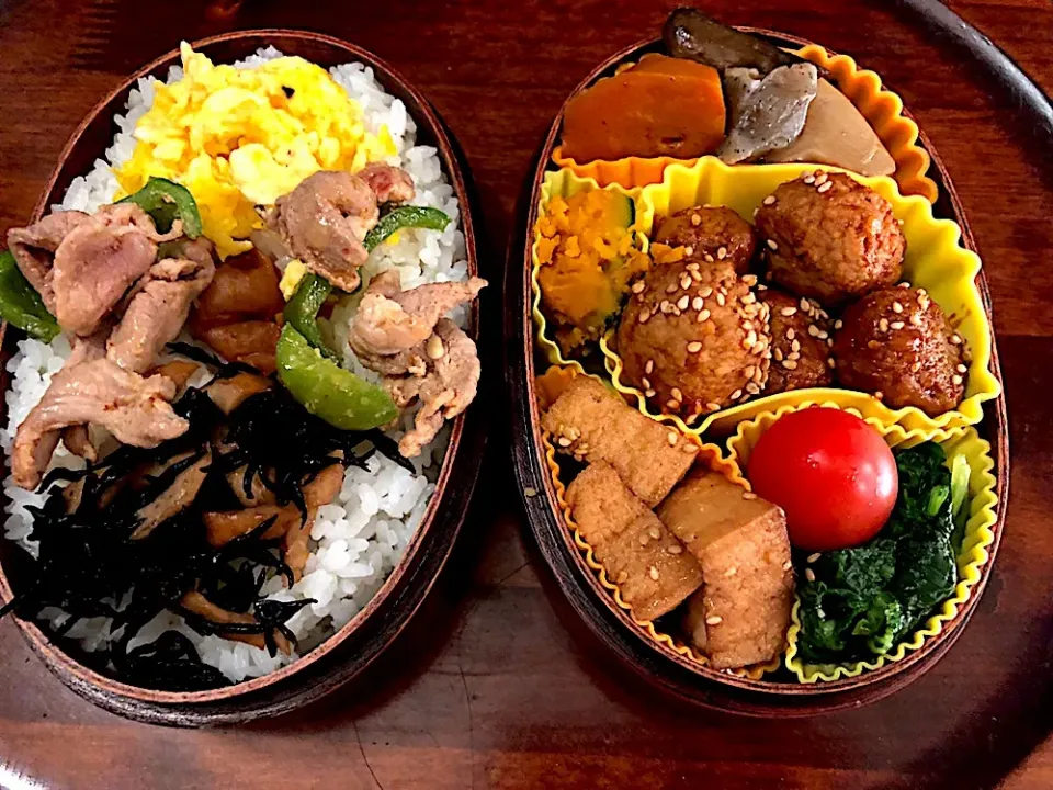 本日もお弁当🍱肉団子（セゾンファクトリーの胡麻トマトケチャップ使用）🍖旨煮🌰ほうれん草☘️厚揚げ胡麻炒め🌰かぼちゃの煮物🎃ひじきの煮物🌰卵焼き🍳肉ピーマン🍖 #息子弁当  #わっぱ弁当  #肉団子 #セゾンファクトリー #ひじきの煮物  #かぼちゃ  #卵焼き  #ほうれん草のおひたし #札幌#中島公園|Yukie  Toriseさん