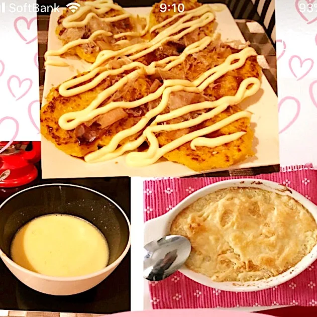 Snapdishの料理写真:コーンポタージュ、コーンのお焼き、ポタージュ残りでグラタン|kaori0212さん