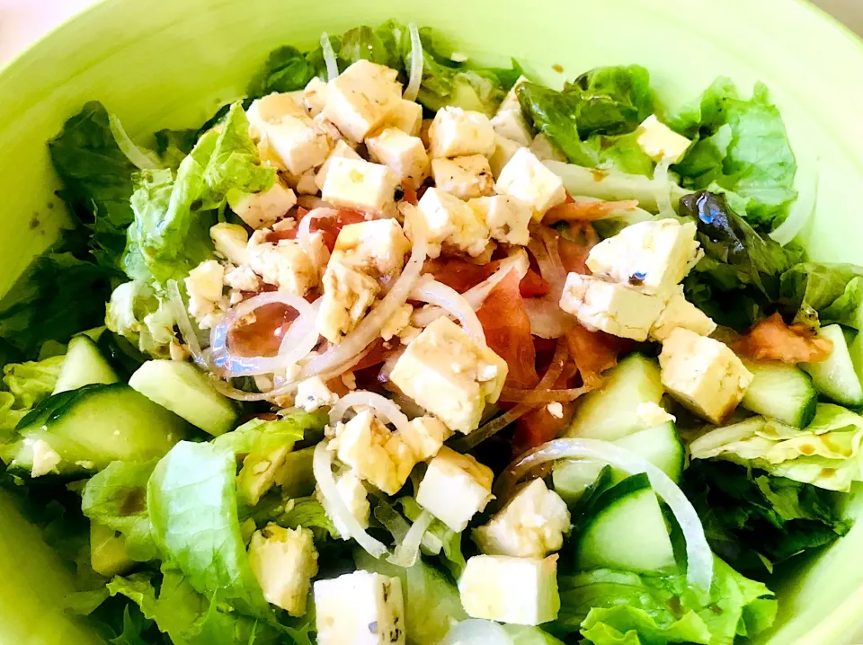 Snapdishの料理写真:Vegetarian Salad 🥗 Cucumber 🥒 tomato 🍅 feta cheese 🧀 lettuce 🥗 honey, olive oil and basaltic dressing|Sergio Lacuevaさん