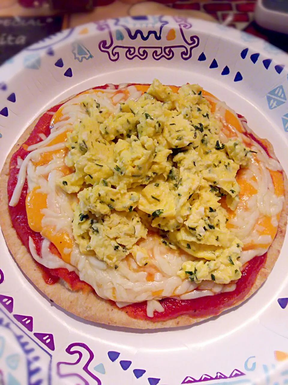 Snapdishの料理写真:breakfast pita pizza #Eggs #Parsley #Cheese #Meatsauce #Pita|Jennifer Edwards Thomasさん