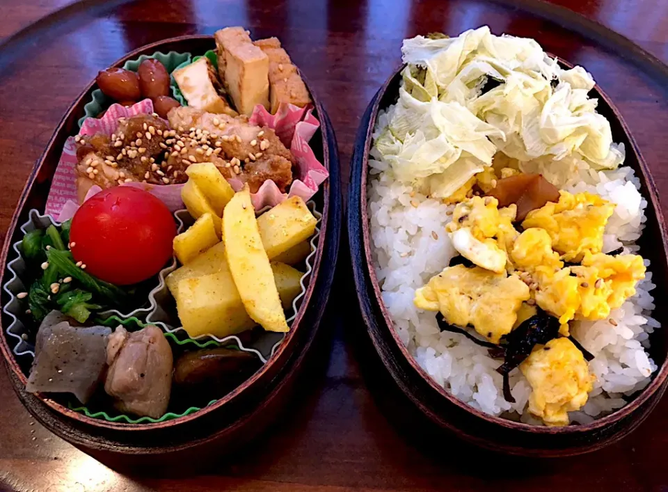 本日もお弁当🍱チキン照り焼き（セゾンファクトリーの焼肉タレ使用）ポテトカレー風味🍛ホウレン草☘️厚揚げ🌰煮豆🌰旨煮🌰卵焼き🍳おぼろ昆布（はこだて海商） #息子弁当  #わっぱ弁当  #チキン照り焼き #セゾンファクトリー #セゾンファクトリー焼肉のタレ #ポテトカレー #ほうれんそうおひたし  #厚揚げの煮物  #煮豆|Yukie  Toriseさん