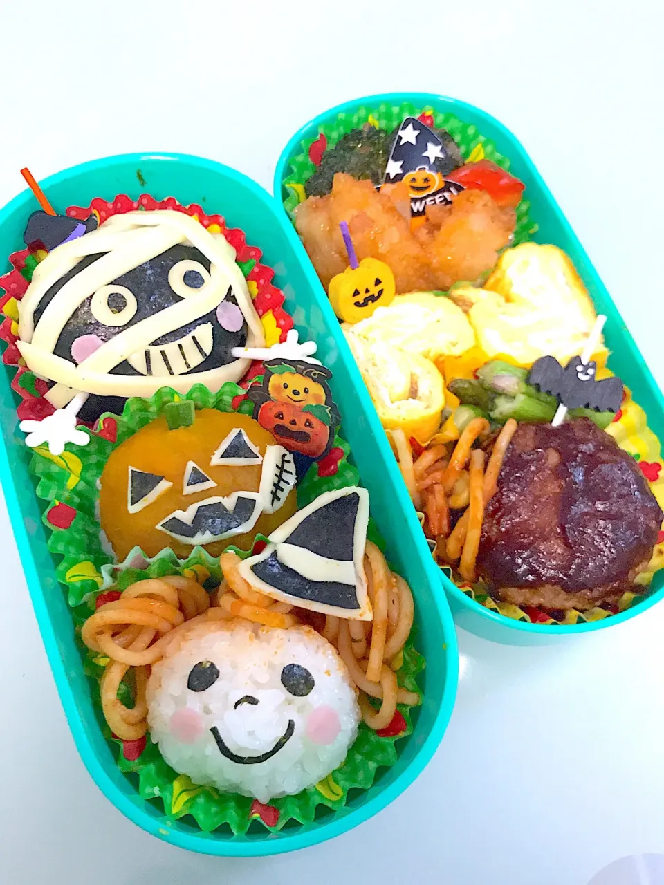 Snapdishの料理写真:キャラ弁〜ハロウィン👻♪魔女とミイラとジャックオランタン🎃|くるりん★さん