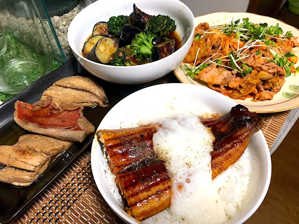 山掛け鰻丼  魚屋の夫が煮てくれた煮魚  豚キムチ  ナスとブロッコリーのみぞれ炒め|石川洋子さん